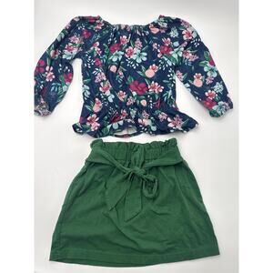 Sparkle in Pink Girls 2 Pc Floral Top & Green Tie Waist Skirt Outfit Size 5T